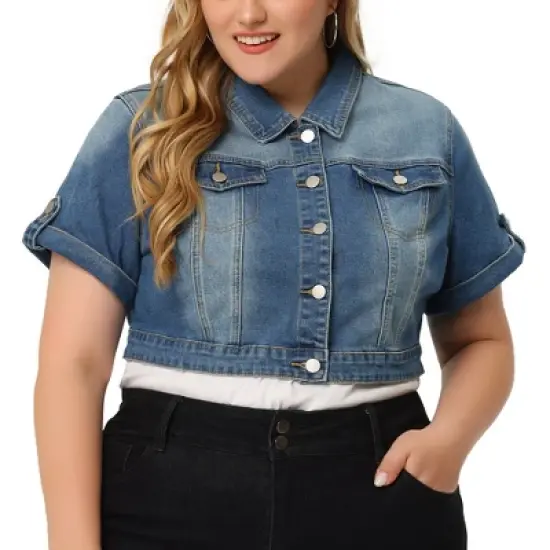 Agnes Orinda Plus Size Denim Jackets for Women Button Front Work Washed Rolled Sleeves Cropped Jean Jacket image {6}