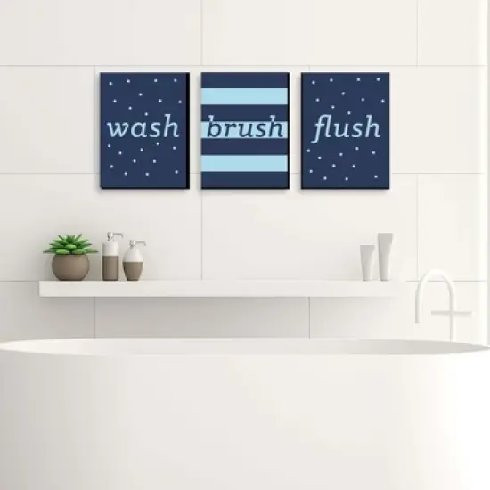 Big Dot of Happiness Boy - Blue and Navy - Kids Bathroom Rules Wall Art - 7.5 x 10 inches - Set of 3 Signs - Wash, Brush, Flush image {1}
