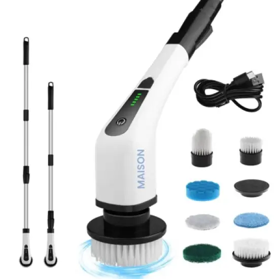 Maison Electric Spin Scrubber W/8 Alternative Heads Adjustable Speed & Handle Rechargeable Great For Bathrooms Showers Floors Kitchen Tiles Car & more image {8}