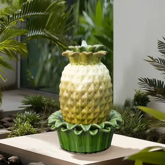 LuxenHome 17" Tabletop Ceramic Water Fountain, Pineapple Indoor and Outdoor Waterfall Fountains for Patio, Garden Decor Yellow image {1}
