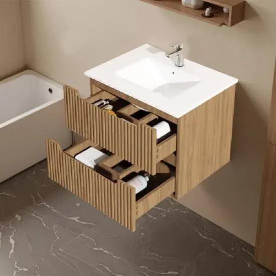 Wooakway 24" Walnut Floating Wall Mounted Bathroom Vanity Cabinet image {2}