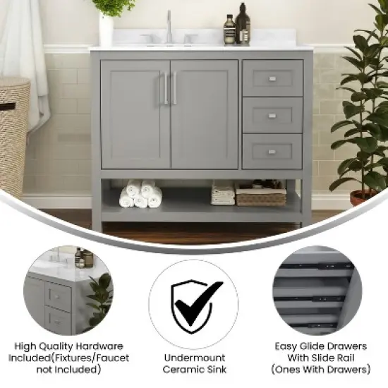 Merrick Lane Bathroom Vanity with Ceramic Sink, Carrara Marble Finish Countertop, Storage Cabinet with Soft Close Doors, Open Shelf and 3 Drawers image {6}