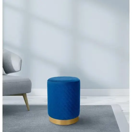 BirdRock Home Round Velvet Ottoman Foot Stool with Lattice - Blue image {1}