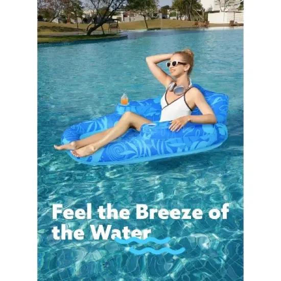 Joyfy 55'' Pool Floats, Inflatable Pool Floaties for Adult, Sun Tanning Floaty Recliner Chair with Cup Holders&Backrest for Poolside Gatherings image {4}