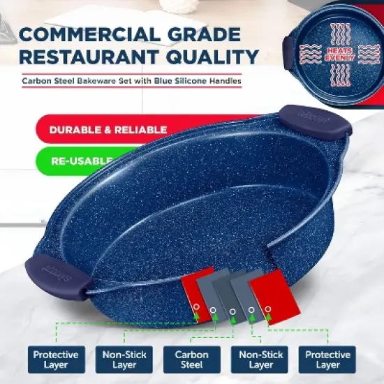 BAKKEN Kitchen Baking Pan Set - Nonstick Coating, Carbon Steel Bakeware Sets with Blue Silicone Handles, Oven Safe Tray (Up To 450&deg; F), Set of 10 image {4}