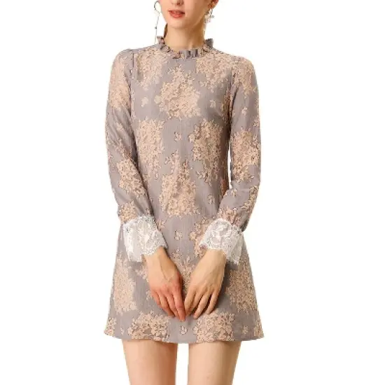 Allegra K Women's Ruffle Crew Neck Formal Elegant Mini Floral Lace Dress image {6}