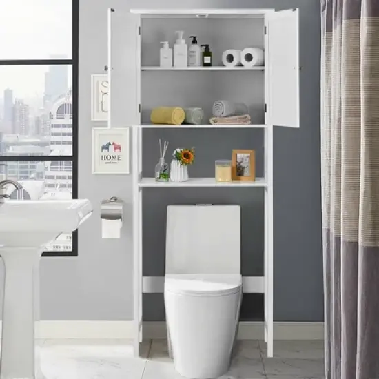 Costway Over The Toilet Storage Cabinet Double Door Bathroom Organizer Adjustable Shelf image {2}