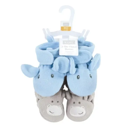 Hudson Baby Infant Boy Animal Fleece Booties 2-Pack, Blue Elephant Hippo image {1}