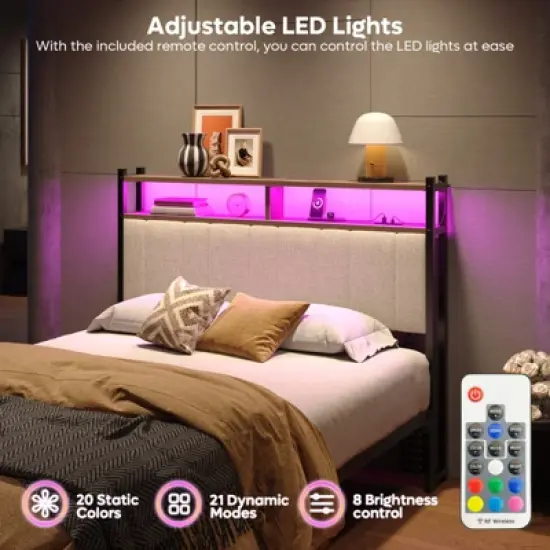 Pinmoco Full/Queen/King LED Headboard, Linen Upholstered Storage Headboard with Charging Station image {1}