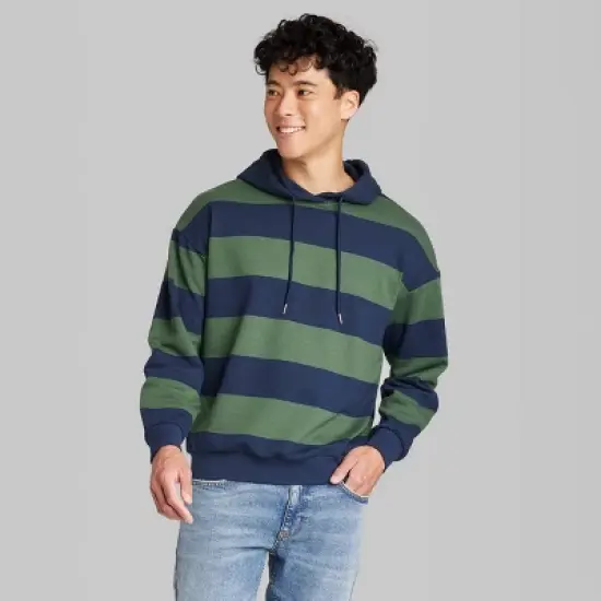 Men's Striped Fleece Hooded Sweatshirt - Original Use&trade; Dark Green image {1}