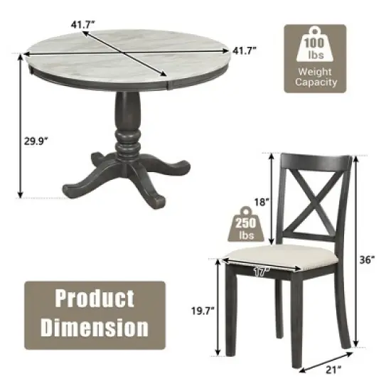 5-Piece Dining Set with Solid Wood Table and 4 Chairs, Gray - ModernLuxe image {2}