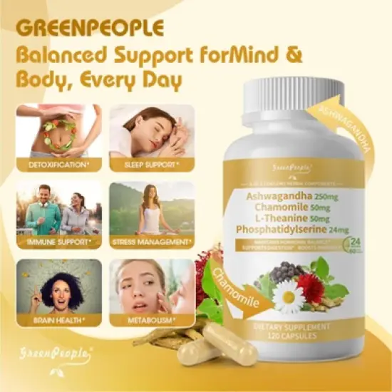 GreenPeople Cortisol Balance Support&ndash; 5000mg Ashwagandha + Magnesium Glycinate - 120 Vegan Capsules image {3}