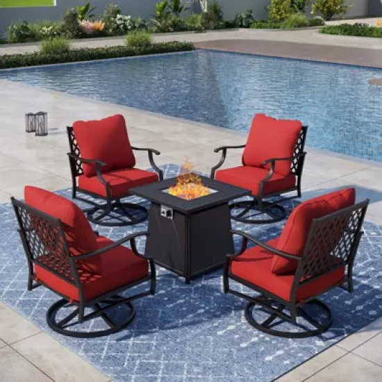 Captiva Designs 5pc Metal Patio Outdoor Conversation Fire Pit Set with Swivel Grid-back Armchairs for Garden, Poolside, Backyard image {9}