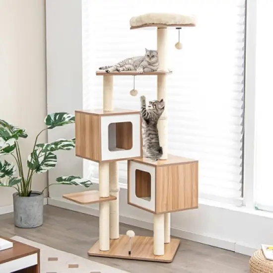 Costway 64.5'' Multi-layer Wooden Cat Tree Indoor Tower Activity Play Center Cat House image {1}