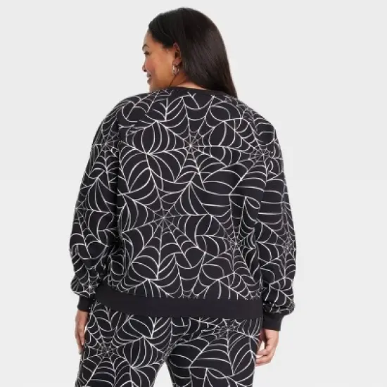 Women's Halloween Spider Web Graphic Sweatshirt - Black image {1}