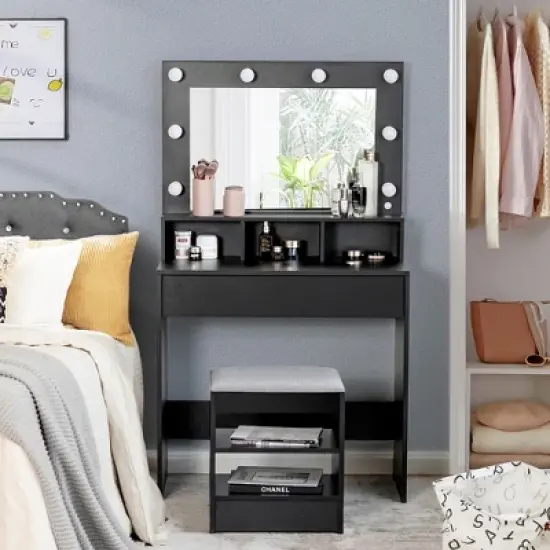 Costway Vanity Table Set with Lighted Mirror 8 LED Bulbs Large Drawer Cushion Stool image {2}