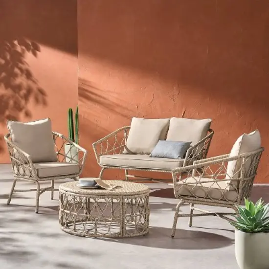 4pc Bruce Outdoor Wicker Set with Cushions Light Brown/Beige - Christopher Knight Home image {6}