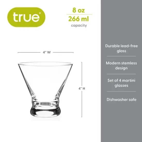 True Stemless Martini Glasses, Set of 4, 8 oz Modern Cocktail Glasses for Martinis, Cosmopolitans, Cocktail Glass Set, Dishwasher Safe, 8 oz, Set of 4 image {2}