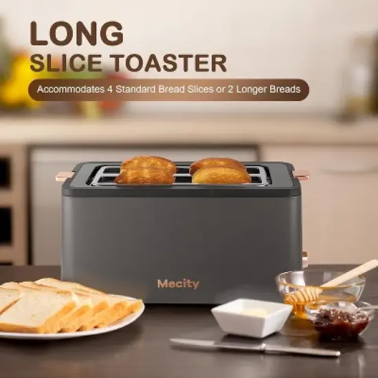 Mecity 4-Slice Long Slot Toaster - Stainless Steel, 1300W, 6 Browning Settings, with Warming Rack & Removable Crumb Tray image {1}