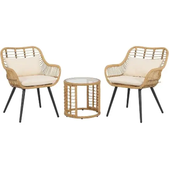 SUGOLD 3-Piece Patio Bistro Set, Wicker Outdoor Furniture with Cushioned Chairs & Round Glass Coffee Table image {1}