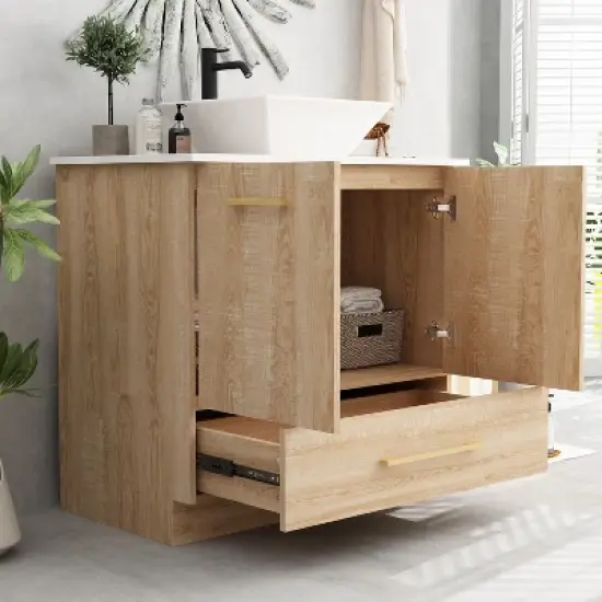 FUFU&GAGA Bathroom Cabinet with Pedestal Basin Stylish Storage Solution Original Wood Colour image {1}