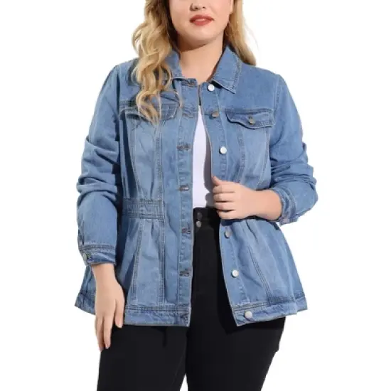 Agnes Orinda Women's Plus Size Classic Denim Washed Front Long Sleeve Jean Jackets image {7}