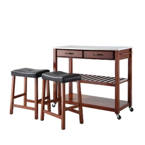 Stainless Steel Top Kitchen Prep Cart with 2 Upholstered Saddle Stools Cherry - Crosley image {4}
