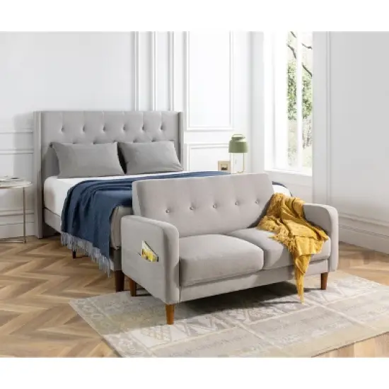 Adair Mid Century Modern Loveseat with Armrest Pockets Tufted Linen Fabric Light Gray - Mellow image {5}