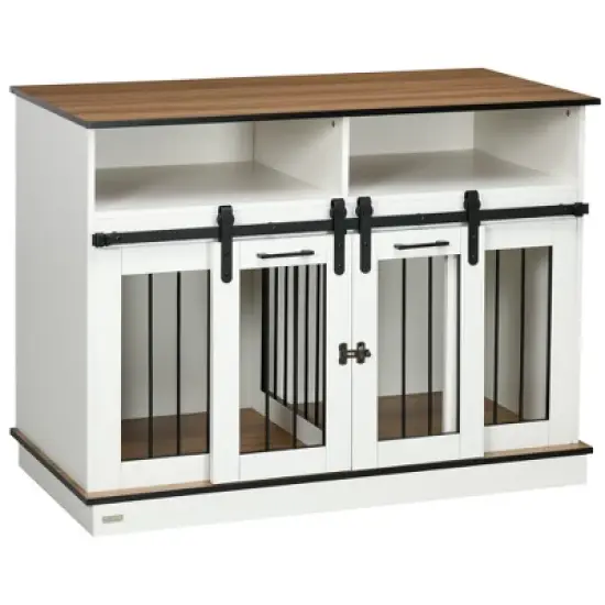 PawHut Dog Crate Furniture for Large Dogs, Double Dog Kennel for Small Dogs with Shelves, Sliding Doors image {8}