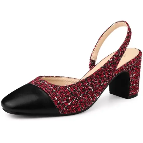 Allegra K Women's Plaid Cap Toe Slingback Chunky Heel Pumps image {6}
