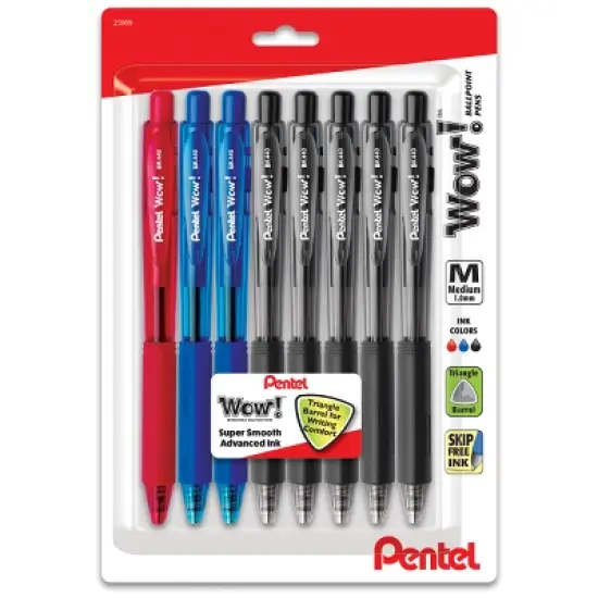 8ct Wow! Ballpoint Pens 1mm Black/Blue/Red - Pentel: Retractable Click Pens for Art & Office, 8 Pack image {6}
