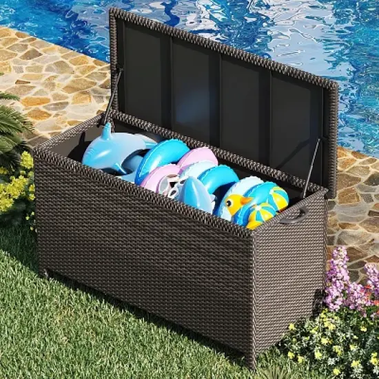 Garvee Large Deck Box Waterproof PE Rattan Outdoor Storage Box with Handles and Wheels, Storage Bin for Garden, Balcony, Porch, Pool, Yard image {9}
