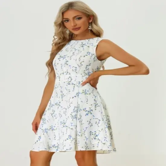 Allegra K Women's Floral Print Round Neck High Waist Elegant Sleeveless A-Line Short Dress image {2}