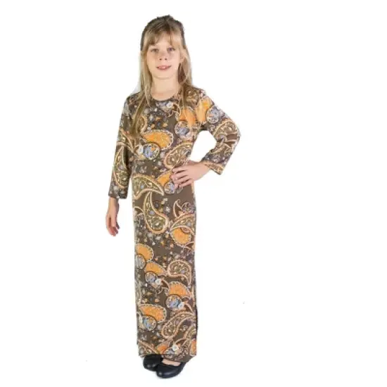 24seven Comfort Apparel Brown Fall Print Girls Long Sleeve Side Slit Maxi Dress image {7}