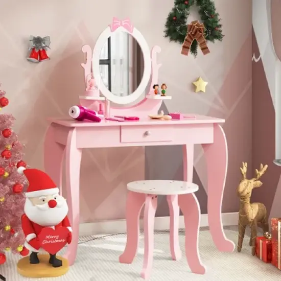 Costway Kid Vanity Table Stool Set with Adjustable Mirror Storage Drawer Makeup Pink image {1}