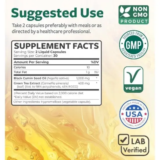 Black Seed Oil + Green Tea Liquid Capsules, Cold-Pressed Nigella Sativa with Green Tea Extract for Wellness & Energy Support, Health's Harmony, 60ct image {2}