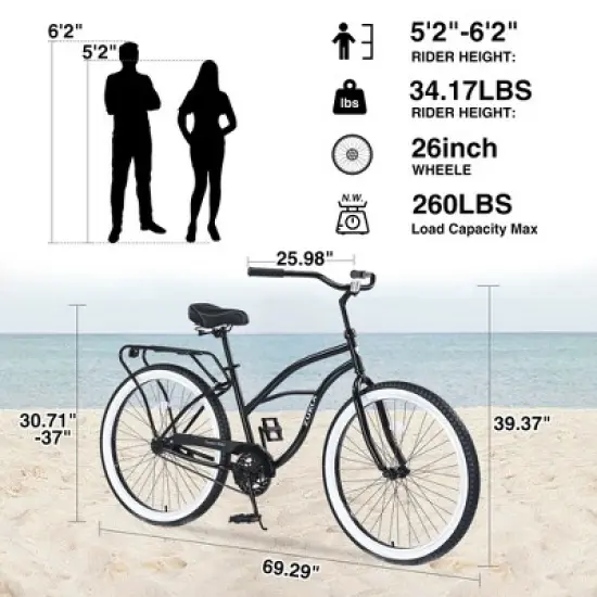 YONWAY Single Speed Bicycles 26"Inch,Beach Cruiser Bike with Steel Frame and Rear Rack, Wide Wheels for Stability, Rear Coaster Brakes image {2}