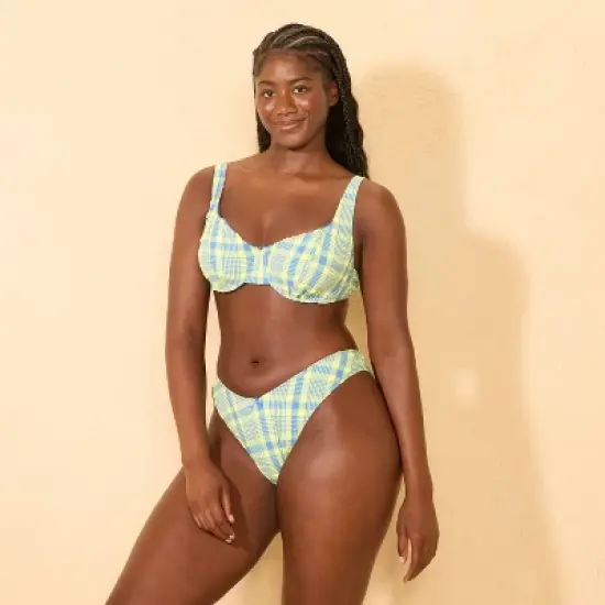 Women's Textured Plaid Low-Rise Extra High Leg Extra Cheeky Bikini Bottom - Wild Fable&trade; Blue/Yellow image {3}