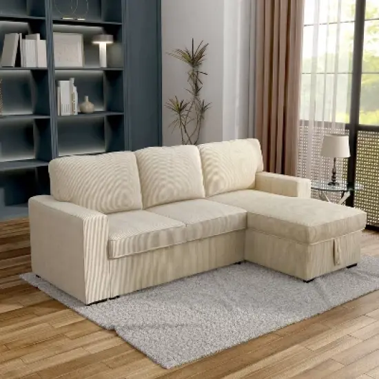 HOMES: Inside + Out Paeke Sleeper Sectional Sofa Corduroy with Storage Chaise and Reversible image {1}