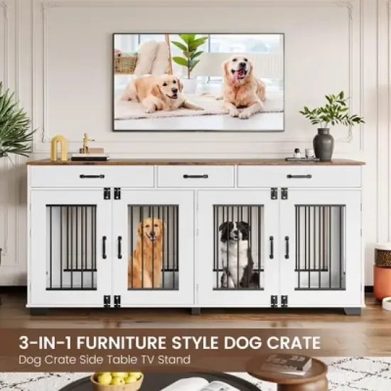 ODK 71" Large Dog Crate Furniture for 2 Dogs with 3 Drawers, Heavy Duty Double Indoor Dog Kennel and TV Stand for Medium Large Dogs image {5}