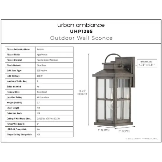 Urban Ambiance Luxury Transitional Outdoor Wall Sconce 14.25''H x 6''W,  Aged Pewter Finish,  Anaheim Collection, UHP1295 image {2}
