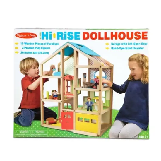 Melissa & Doug Hi-Rise Wooden Dollhouse with Furniture, Garage and Working Elevator image {2}