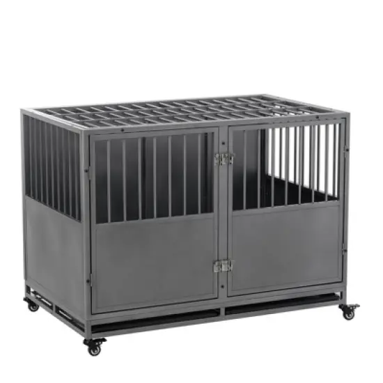 GustoWave 47'' Heavy-Duty Dog Crate with Double Door Wheels, Indoor Furniture Crate, Large Dog Kennel for Large Dogs, Carbon Steel, Silver image {7}