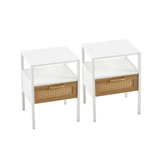 KWPZQEB Rattan Nightstands Set of 2 -Farmhouse Night Stand with Drawer and Storage Shelf - Boho Bedside Table End Side Table for Bedroom, White image {5}