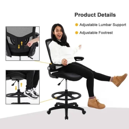 FDW Drafting Chair Tall Office Chair Standing Desk Chair with Flip Up Arms Foot Rest Back Support Adjustable Height Drafting Stool, Black image {1}