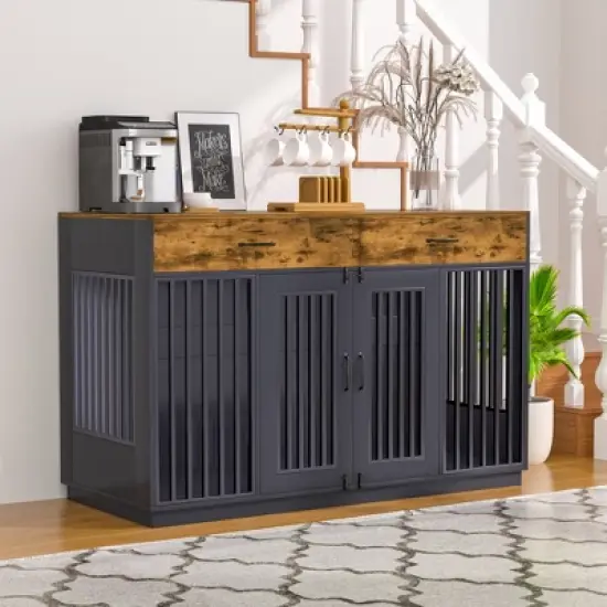 VECELO 55.1" Dog Crate, Wooden Decorative Dog Kennel Indoor With 2 Drawers for Medium/Large Dogs, Brown image {5}