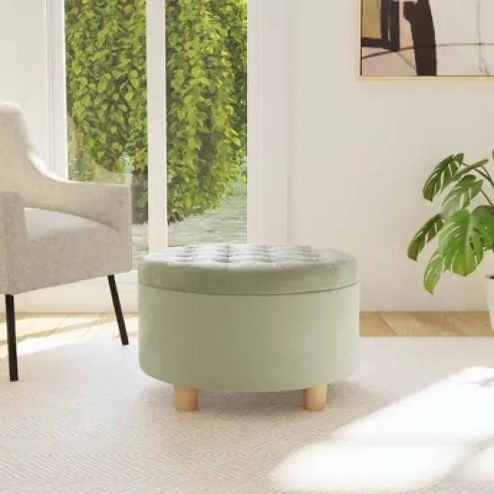 Tufted Round Storage Ottoman Light Sage Green Velvet - HomePop image {3}