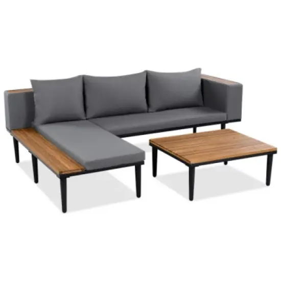 Outdoor Patio Conversation Sectional Sofa Set with Cushions and Coffee Table, Modular Wood Furniture for Deck, Backyard, or Porch - The Pop Home image {4}