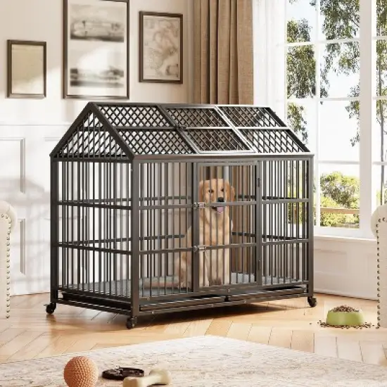 Heavy Duty Dog Crate - Steel Escape-Proof Kennel with Divider & Wheels, Double Door Pet Cage for Large/Medium Dogs image {9}