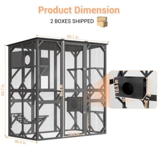 70" Large Wooden Cat Cage with Roof, Multi-Level Cat House with 4 Platforms, Hammock & Scratching Post image {2}